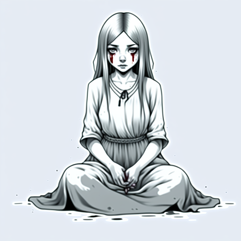 spot color, dress, traditional media, 1girl, monochrome, blood, greyscale