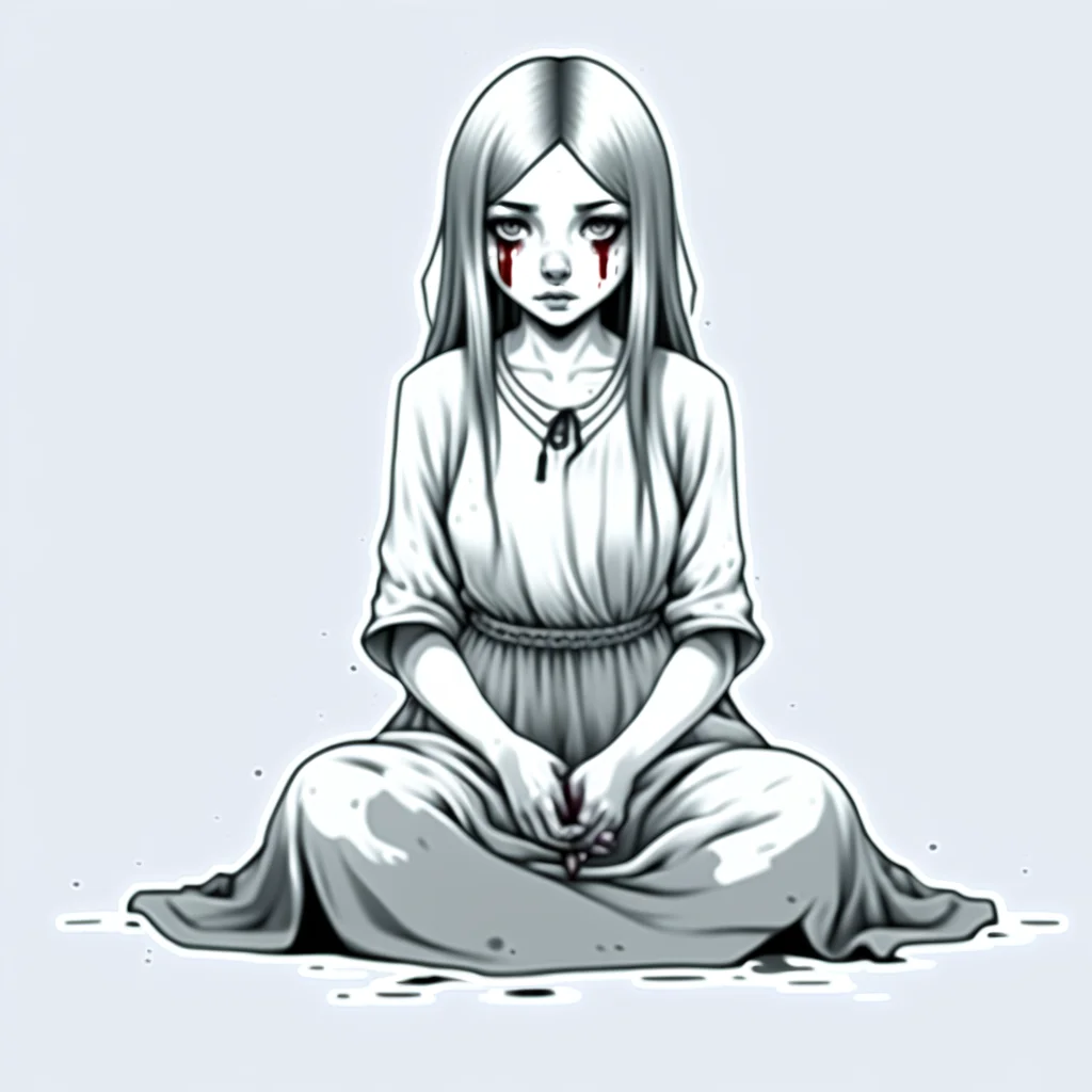 spot color, dress, traditional media, 1girl, monochrome, blood, greyscale