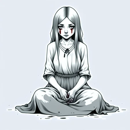 spot color, dress, traditional media, 1girl, monochrome, blood, greyscale