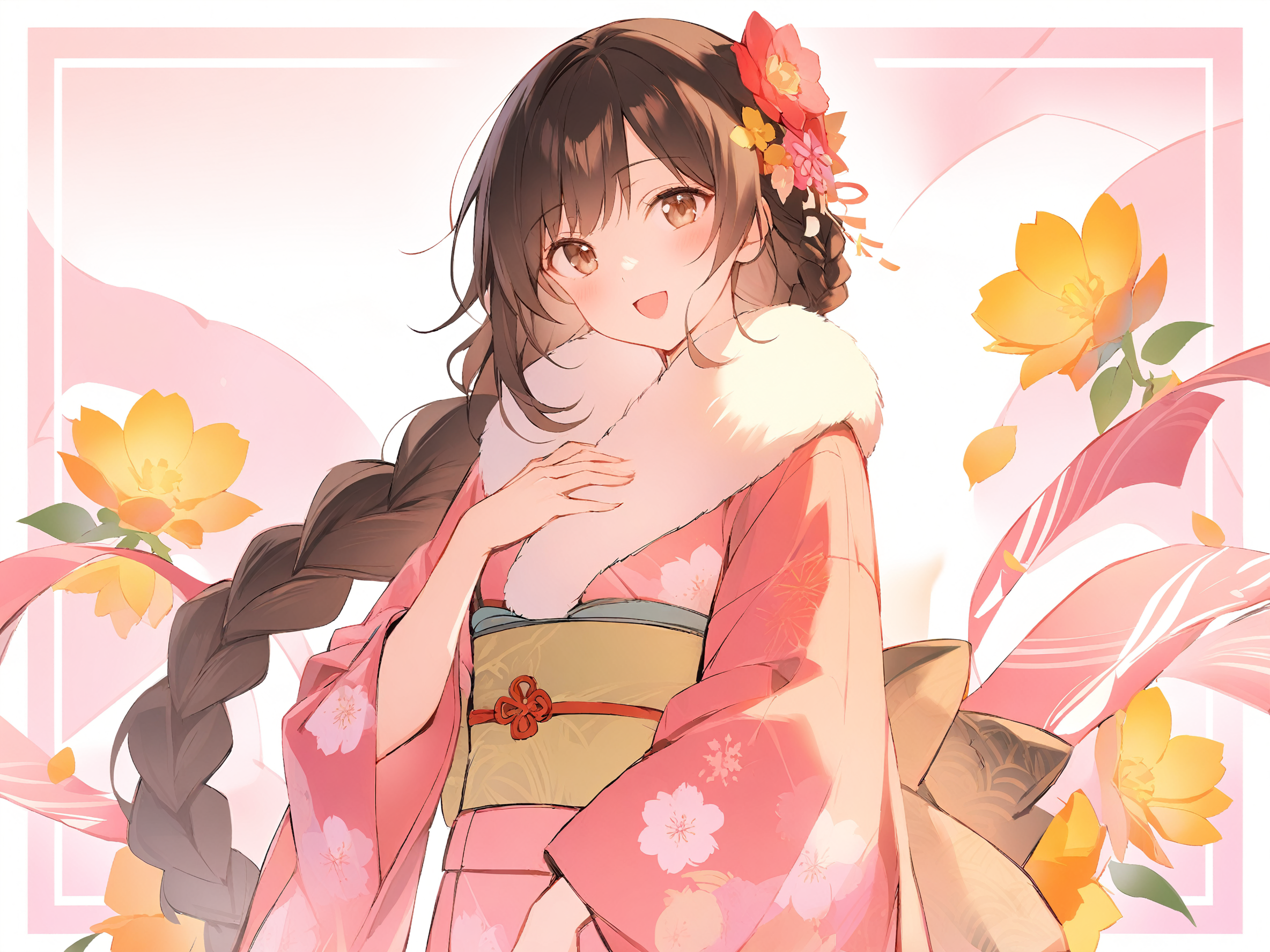1girl, 
solo, japanese clothes, pink background, white background, long sleeves, open mouth, brown eyes, braid, flower, head tilt, long hair, sash, obi, kimono, floral print, blush, single braid, upper body, pink kimono, looking at viewer, :d, brown hair, smile, fur collar, hair flower, print kimono, two-tone background, hand on own chest, wide sleeves, yellow flower, hand up, 
masterpiece, best quality,  safe
 <lora:mki-ani31-blackmeow-v1-000120:1>