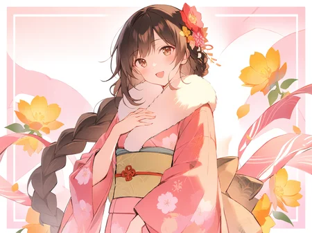 1girl,
solo, japanese clothes, pink background, white background, long sleeves, open mouth, brown eyes, braid, flower, head tilt, long hair, sash, obi, kimono, floral print, blush, single braid, upper body, pink kimono, looking at viewer, :d, brown hair, smile, fur collar, hair flower, print kimono, two-tone background, hand on own chest, wide sleeves, yellow flower, hand up,
masterpiece, best quality, safe
<lora:mki-ani31-blackmeow-v1-000120:1>