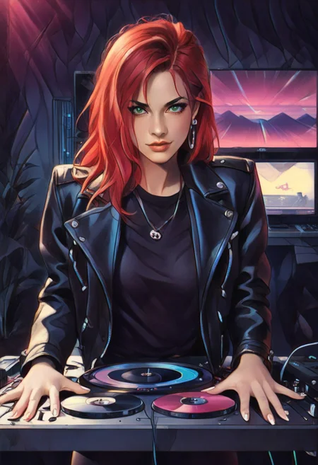 (score_9, score_8_up, score_7_up), woman with gothic-inspired style, posing, she is wearing black leggings and black leather jacket with metal studs, she is red-haired with long straight hair, green eyes, big eyes, beautiful, looking at viewer, she is tall and athletic body, standing in front of a mixing desk, with a computer from the 80‘s and an old CRT monitor, in the background a vinyl record rack, 80’s style, synthwave aesthetics, 80s inspiration, vaporwave vibes, nostalgia, masterpiece, best quality, high detail