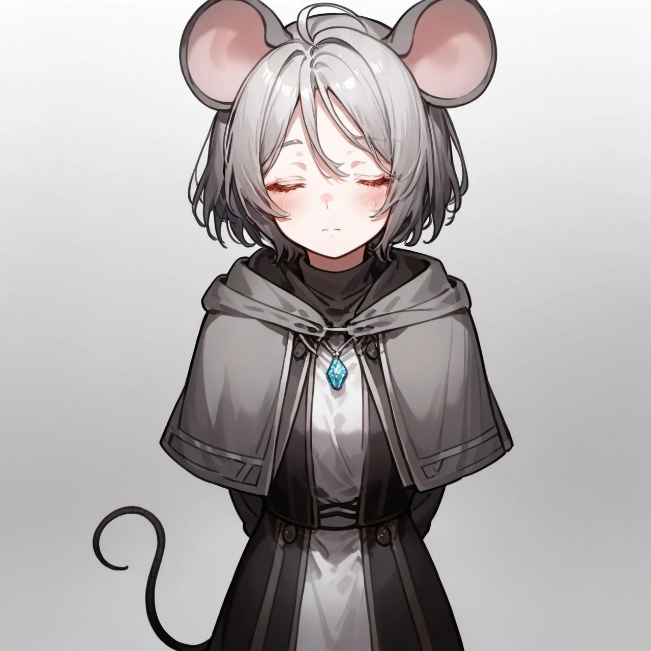 score_9, score_8_up, score_7_up, score_6_up, upper body,
ratkin, 1girl, solo, blush, short hair, simple background, white background, dress, animal ears, jewelry, closed mouth, tail, closed eyes, ahoge, grey hair, pantyhose, necklace, black pantyhose, capelet, arms behind back, facing viewer, pendant, grey dress, grey capelet, nazrin,
<lora:ratkin_race_v1-000008:0.8>,