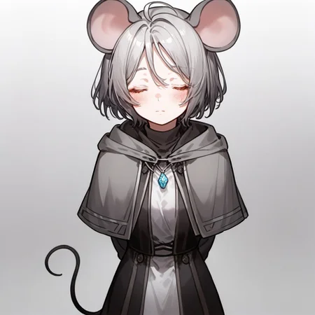 score_9, score_8_up, score_7_up, score_6_up, upper body,
ratkin, 1girl, solo, blush, short hair, simple background, white background, dress, animal ears, jewelry, closed mouth, tail, closed eyes, ahoge, grey hair, pantyhose, necklace, black pantyhose, capelet, arms behind back, facing viewer, pendant, grey dress, grey capelet, nazrin,
<lora:ratkin_race_v1-000008:0.8>,