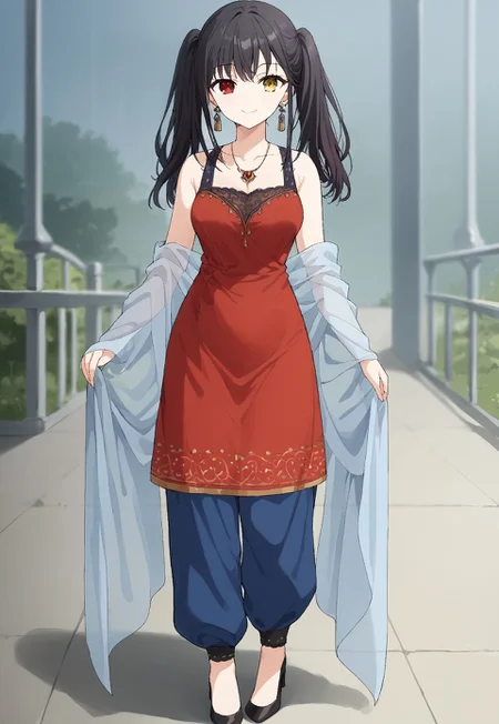 safe_pos, 1girl, solo, score_9_up, score_9, source_anime, 1girl, solo, black hair, red eye, twintail hair, yellow eye, heterochromia, 1girl, solo, twintails, closed mouth, smile, looking at viewer, standing, medium breast, fullbody , depts of field, expressiveh, <lora:Salwar_kameez:1> Traditional Indian, red tunic, intricate neckline, blue trousers, plain earrings, high heels, Salwar kameez, sheer sleeves, Sheer , Deep V-neckline , plain dress, shawl on chest, transparent shawl