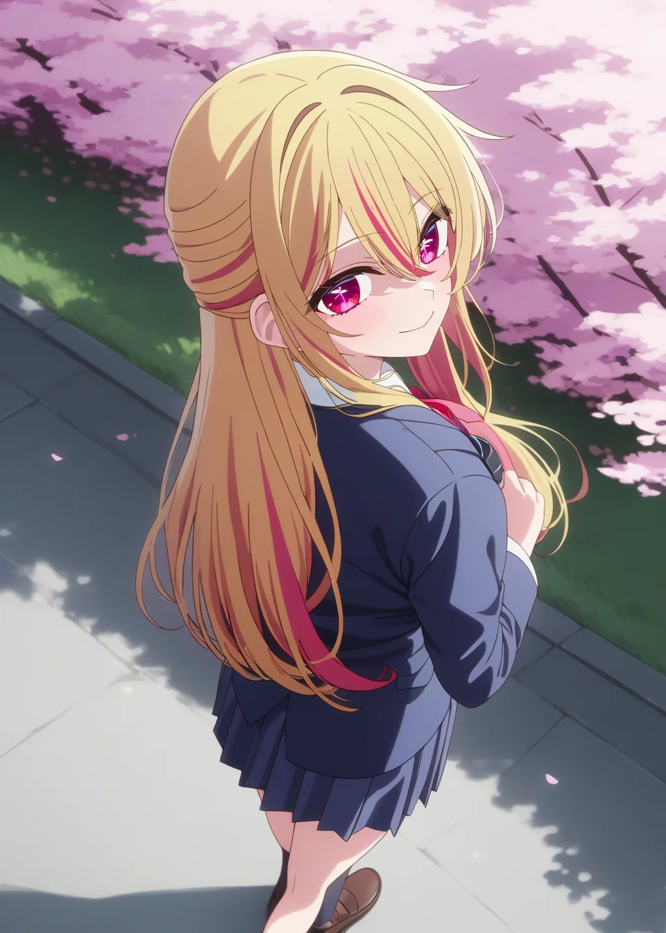best quality,masterpiece,highres,absurdres,newest,rating: rating: questionable,  <lora:Ruby_Hoshino_XL-step00001400:0.75> ,(ruby_hoshino, blonde hair, bangs, 1girl,  pink eyes, long hair, looking at viewer, red eyes, streaked hair,hair between eyes),(school uniform),from behind, walking,smile,(full body), (cherry blossoms), looking back,from above,