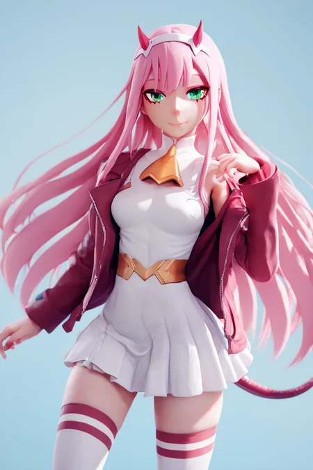 score_9, score_8_up, score_8, medium breasts, (curvy), cute, eyelashes, BREAK, , BREAK, <lora:zero-two-ponyxl-lora-nochekaiser:0.8>, zero two, green eyes, hairband, horns, long hair, pink hair, red horns, white hairband, jacket, leggings, red jacket, white footwear,, <lora:BeanisPDXL:1.0>, , BREAK, smile, looking at viewer, cowboy shot, embedding:zPDXL, Expressiveh, <lora:SDXLFaeTastic2400:0.5>, <lora:Expressive_H-000001:0.4>,