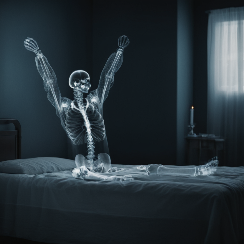 cinematic film still of  <lora:x-ray style:1>
an x ray skeleton sitting on a bed waking up stretching out their hands with a clock,x-ray style, shallow depth of field, vignette, highly detailed, high budget, bokeh, cinemascope, moody, epic, gorgeous, film grain, grainy