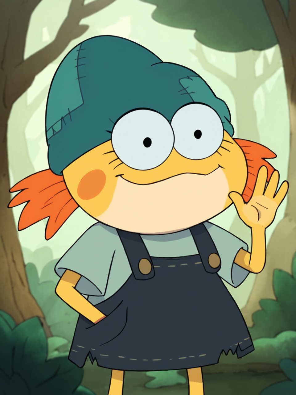 score_9, score_8_up, score_7_up,  score_6_up, BREAK, AmphiIvy, solo, smile, black eyes, orange hair, looking at viewer, yellow skin, blue shirt, overalls, blue headwear, in the forest, upper body, raise left hand, waving <lora:Ivy_Sundew:1>