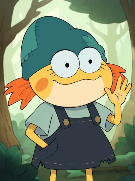 score_9, score_8_up, score_7_up,  score_6_up, BREAK, AmphiIvy, solo, smile, black eyes, orange hair, looking at viewer, yellow skin, blue shirt, overalls, blue headwear, in the forest, upper body, raise left hand, waving <lora:Ivy_Sundew:1>