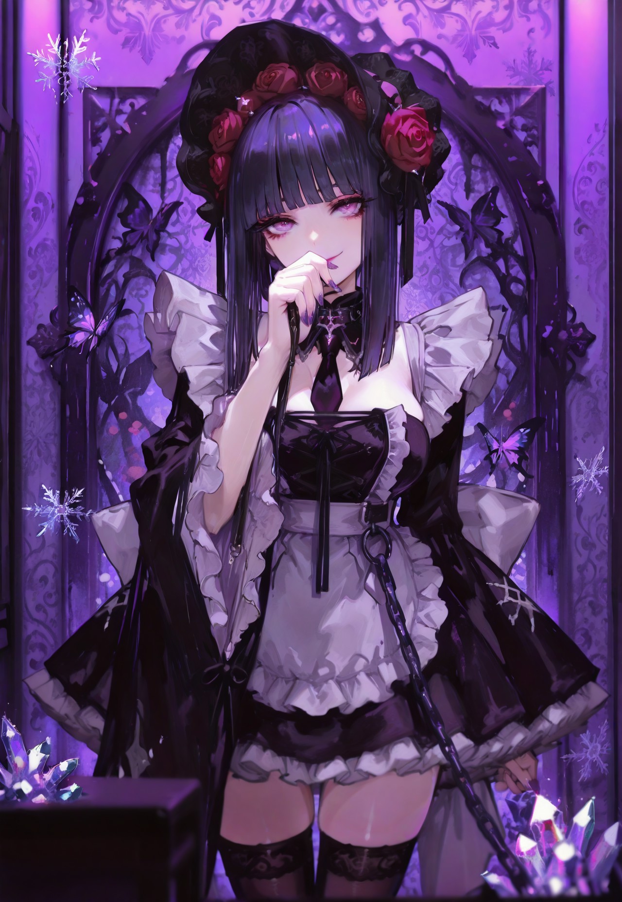 safe_pos, (Theme: Draconic Crystals). masterpiece, newest,absurdres,incredibly absurdres,1girl, solo, Shizuku Kuroe, cosplay, leash, wig, purple eyes, solo, purple hair, thighhighs, apron, frills, black thighhighs, dress, indoors, wide sleeves, chain leash, makeup, black dress, smile, lipstick, nail polish, necktie, detached collar, hair ornament, breasts, flower, frilled dress, black headwear, bonnet, red rose, hairband,,bug, butterfly, bangs, black hair, looking at viewer, long hair, blunt bangs, covered mouth, purple eyes, purple theme, eyelashes, flower, pink eyes, snowflakes look like crystals, 
dark_theme,abstract background, 
depth of field,white sphere on the background