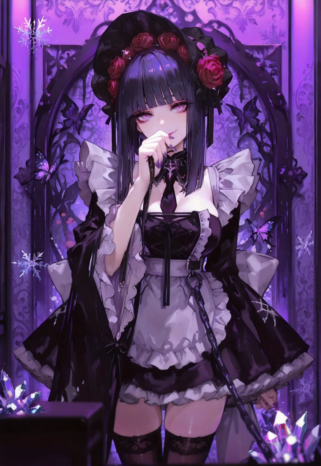 safe_pos, (Theme: Draconic Crystals). masterpiece, newest,absurdres,incredibly absurdres,1girl, solo, Shizuku Kuroe, cosplay, leash, wig, purple eyes, solo, purple hair, thighhighs, apron, frills, black thighhighs, dress, indoors, wide sleeves, chain leash, makeup, black dress, smile, lipstick, nail polish, necktie, detached collar, hair ornament, breasts, flower, frilled dress, black headwear, bonnet, red rose, hairband,,bug, butterfly, bangs, black hair, looking at viewer, long hair, blunt bangs, covered mouth, purple eyes, purple theme, eyelashes, flower, pink eyes, snowflakes look like crystals,
dark_theme,abstract background,
depth of field,white sphere on the background