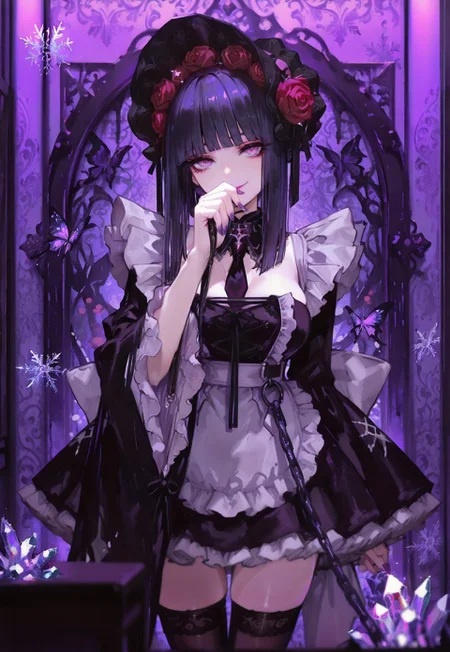 safe_pos, (Theme: Draconic Crystals). masterpiece, newest,absurdres,incredibly absurdres,1girl, solo, Shizuku Kuroe, cosplay, leash, wig, purple eyes, solo, purple hair, thighhighs, apron, frills, black thighhighs, dress, indoors, wide sleeves, chain leash, makeup, black dress, smile, lipstick, nail polish, necktie, detached collar, hair ornament, breasts, flower, frilled dress, black headwear, bonnet, red rose, hairband,,bug, butterfly, bangs, black hair, looking at viewer, long hair, blunt bangs, covered mouth, purple eyes, purple theme, eyelashes, flower, pink eyes, snowflakes look like crystals, 
dark_theme,abstract background, 
depth of field,white sphere on the background