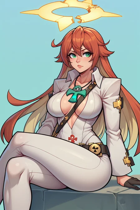 score_9, score_8_up, score_7_up, BREAK, <lora:warlockandboobs-guy-PONYv1:1>, 1girl, solo, breasts, <lora:guiltygear_strive_jackovalentine_ponyXL:0.95> strivejacko, compass rose halo, white bodysuit, black gloves, belt, ankh, necklace, cleavage, sitting, crossed legs,