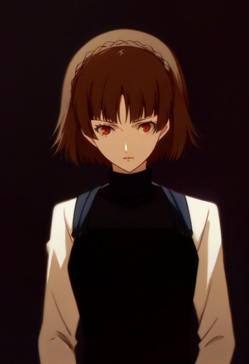 (source_anime), 1 girl, solo, nsfw, aged up, defMako, p5makoto, niijima makoto, short hair, bangs, brown hair, long sleeves, uniform, pantyhose, pleated skirt, turtleneck, plaid skirt,crown braid,uniform, black vest,
