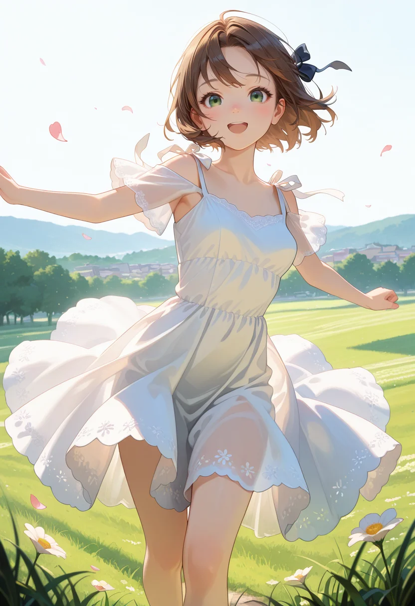 <lora:Fixhands_anime_bdsqlsz_V1:0.32>, <lora:bold-16oa:-0.4>, (realistic:0.35), <lora:ATNR STYLE_XL_P:0.3>, atnr style, <lora:detailed_notrigger:0.8>, <lora:shoulder ribbon_illustrious_V1.0:0.7>, <lora:see-through 1.0:0.5>, see-through,
extremely detailed face, detailed eyes, detailed eyelashes, 1girl, green eyes, black eyes, solo, blush, medium breasts, short hair, mature female, brown hair, white hair ribbon, flowing skirt, flower petal, wind, perky breasts,
running, dress, outstretched arms, open mouth, grass, outdoors, smile, shoulder ribbon, white dress, thigh,
looking at viewer, backlighting,
masterpiece, best quality, absurdres, 8k, ultra detailed, aesthetic, very aesthetic, newest,
