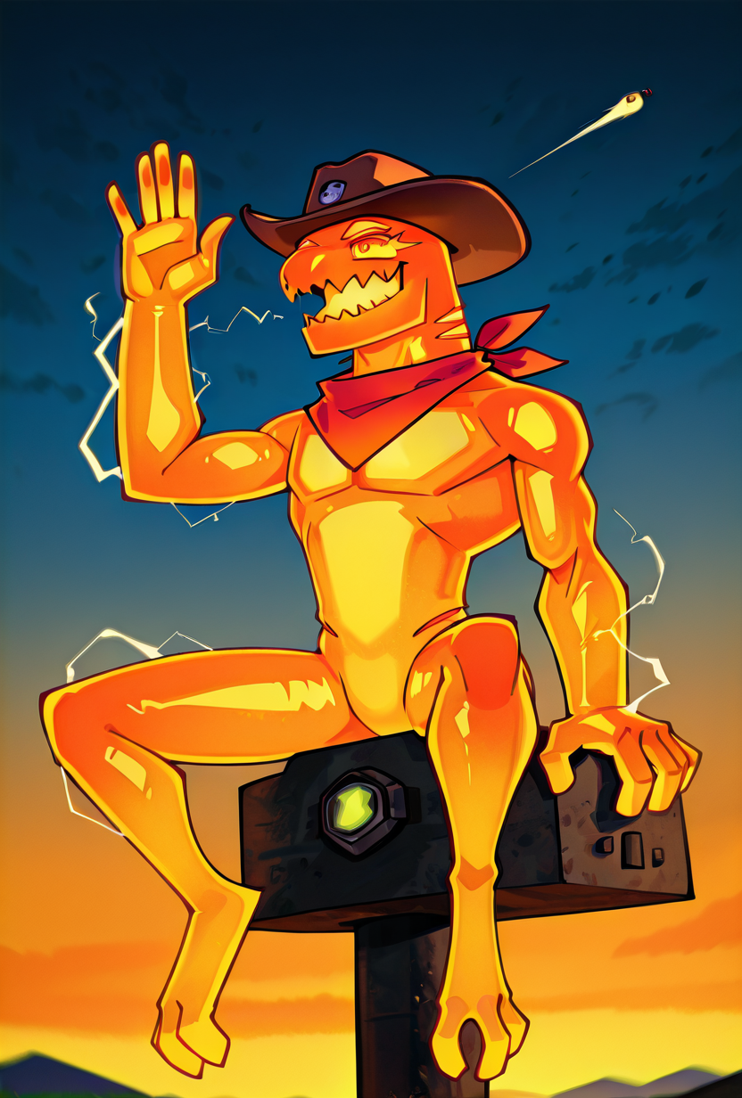 <lora:nrg-06:1>  nrg, solo, male focus,, glowing skin, thick neck, gills, orange skin, anthro reptile, massive arms, orange eyelashes, massive hands, thin legs, Digitigrade legs, short legs, sharp mouth, dynamic pose, big head, anthro head, orange electricity, orange glow,  <lora:sakfsdajfkasd:1> alpharecdyt, sitting on nuke, in the sky, falling nuke,  rodeo pose, riding ruke, rodeo on nuke, waving cowboy hat, red scarf, masterpiece, best quality, amazing quality, very aesthetic, absurdres, newest,