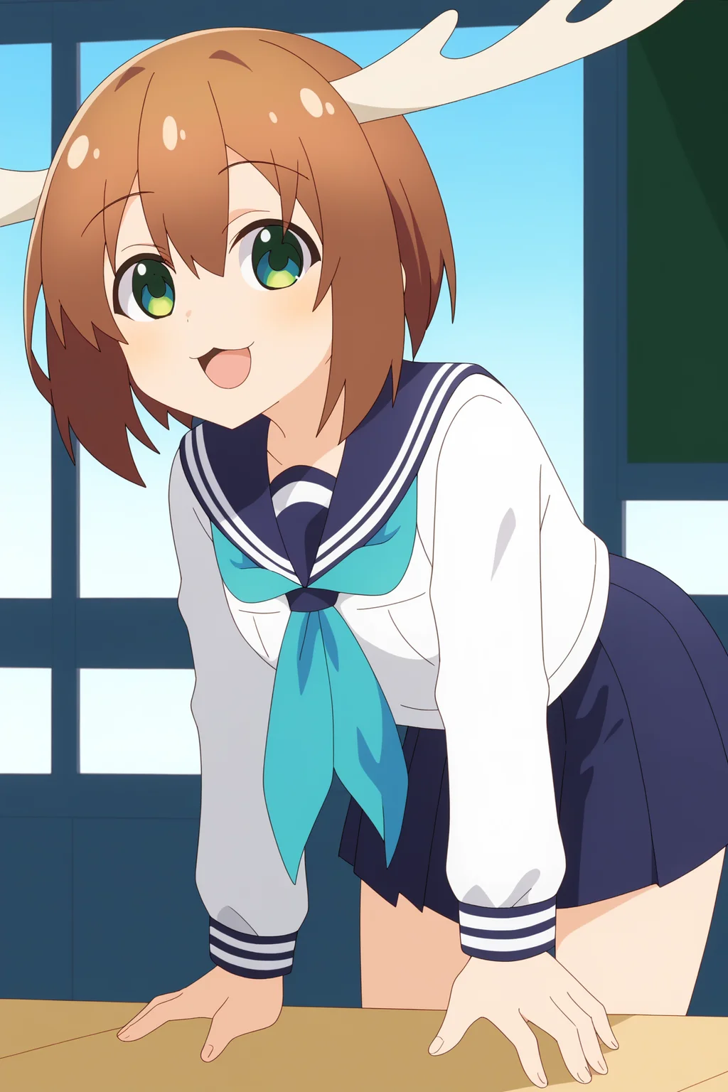 1girl, solo, <lora:Shikanoko Noko _ Pony _ v1:1>, antlers, brown hair, short hair, green eyes, 
blue sailor collar, neckerchief, white shirt, school uniform, long sleeves, pleated skirt, blue skirt, 
looking at viewer, :3, leaning forward,