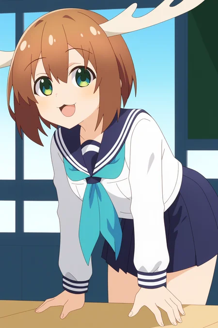 1girl, solo, <lora:Shikanoko Noko _ Pony _ v1:1>, antlers, brown hair, short hair, green eyes,
blue sailor collar, neckerchief, white shirt, school uniform, long sleeves, pleated skirt, blue skirt,
looking at viewer, :3, leaning forward,