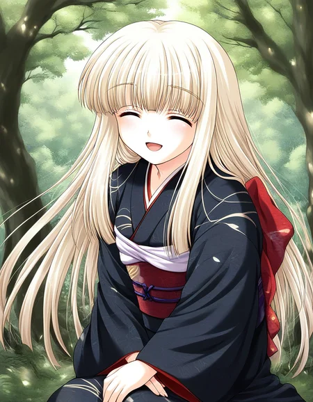 score_9, score_8_up, score_7_up, source_anime, rating_explicit, BREAK   <lora:Rindou_Ver2.0_XL:1> Rindou, solo, closed eyes, long hair, white hair, blonde hair, albino,
 japanese clothes,  black kimono, outdoors, sash, obi, day,  long sleeves, nature, tree,  hand between legs,
open mouth,
spring,
light_smile,
looking at viewer, 
cowboy_Shot,