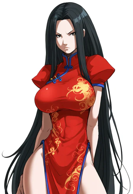 <lora:Phalcon:0.8> phalcon, 1girl, solo, white background, sleek black hair, very long hair, red dress, chinese clothes, simple background, serious, large breasts