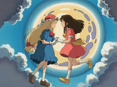 2girls ascot black_hair blonde_hair bow brown_eyes closed_eyes cloud detached_sleeves dress evening falling frilled_bow frilled_hair_tubes frills gloves hair_bow hair_tubes hat hat_ribbon holding_hands interlocked_fingers long_hair mob_cap multiple_girls open_mouth purple_dress red_bow red_skirt ribbon ribbon-trimmed_sleeves ribbon_trim shoes short_sleeves skirt skirt_set smile socks sun very_long_hair white_gloves white_socks yellow_ascot yuri, ghibli style, <lora:StudioGhibliUltimateV3:0.8>, score_9, score_8_up, score_7_up