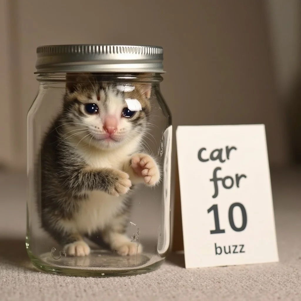 A small crying cat inside closed glass jar, it is trying to get out from jar with its paws, next to jar there is card board with text "car for 10 buzz"