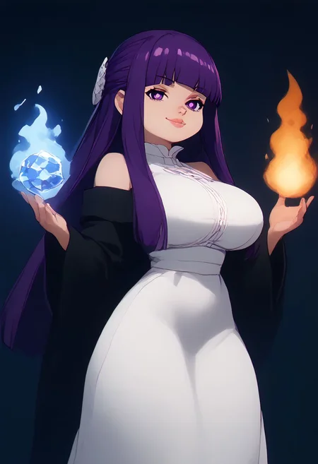 score_9, score_8_up, score_7_up, big breasts, curvy, narrow waist,
(fire and ice magic:1.5), hands up, holding magic ball,
Aura, energy, glowing, swirling energy, dynamic pose,
solo, shortstack, patFern, long hair, bangs, purple eyes, purple hair, sidelocks, blunt bangs, bright pupils, half updo, long sleeves, dress, white dress, long dress, robe, black robe,, bare shoulders, looking at the viewer, (big lips:0.8), smug, g0thicPXL, neon,
arched back, dark background, Expressiveh,