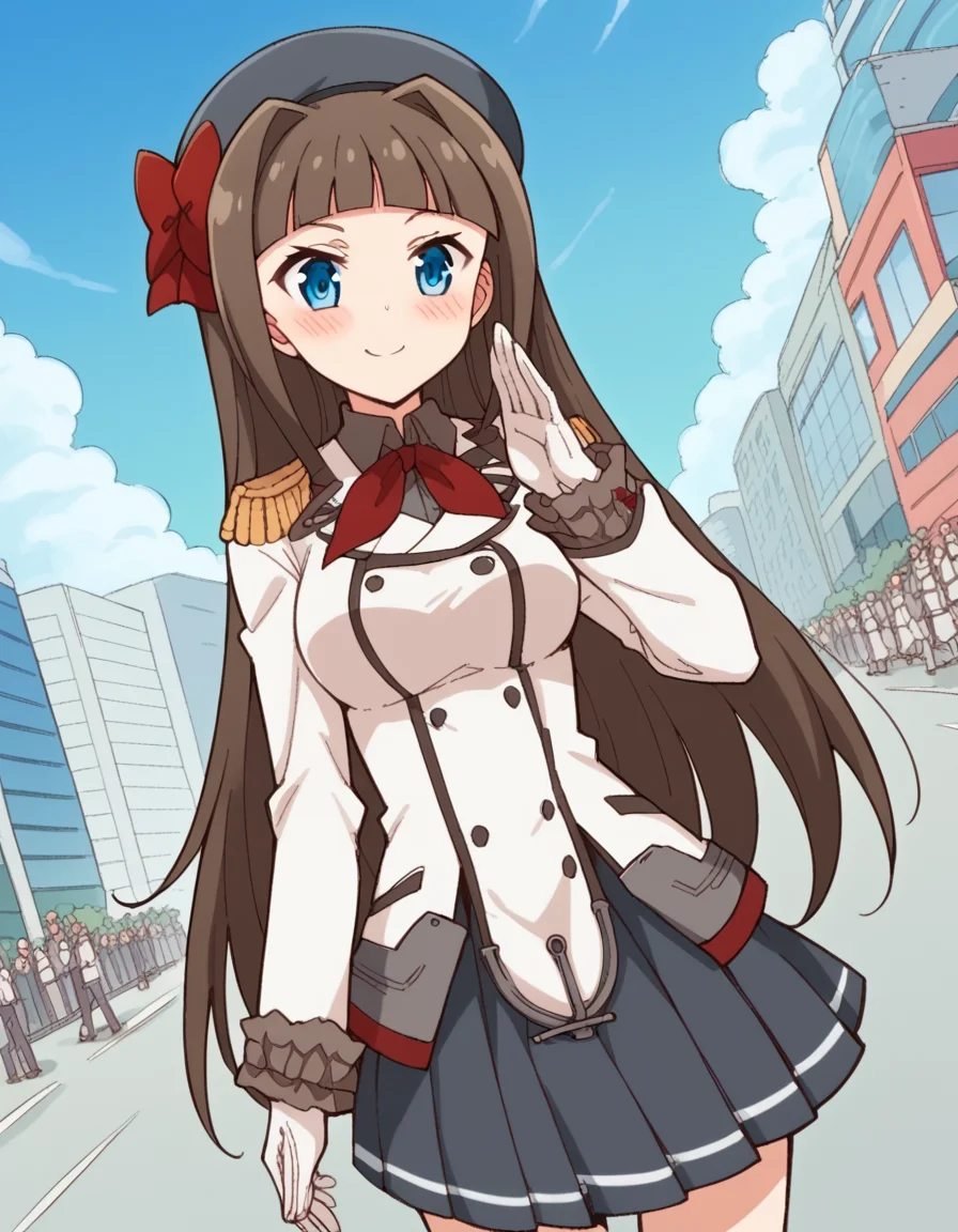 score_9, score_8_up, score_7_up, source_anime, <lora:asuka-kudou-s1-ponyxl-lora-nochekaiser:1>, asuka kudou, long hair, bangs, blue eyes, brown hair, bow, hair bow, blunt bangs, hair intakes, red bow, medium breasts,, <lora:kashima-cosplay-ponyxl-lora-nochekaiser:1>, kashimacosplay, kashima (kancolle) (cosplay), beret, buttons, epaulletes, frilled sleeves, frills, gloves, grey skirt, hat, jacket, long sleeves, military, military uniform, miniskirt, pleated skirt, neckerchief, red neckerchief, skirt, uniform, white gloves, white jacket,, cityscape, street, smile, blush, salute, , dutch angle, cowboy shot