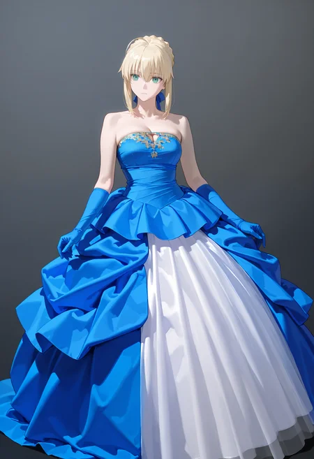 1girl,solo, blue dress, bare shoulders, strapless, elbow gloves, alternate costume, long dress, saber_(fate)