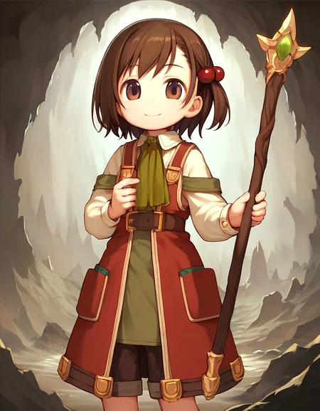 (recette), holding magic glowing mage staff, exploring cave, young 1girl, short brown hair, hair ornament bobbles, brown eyes, smile, child, solo