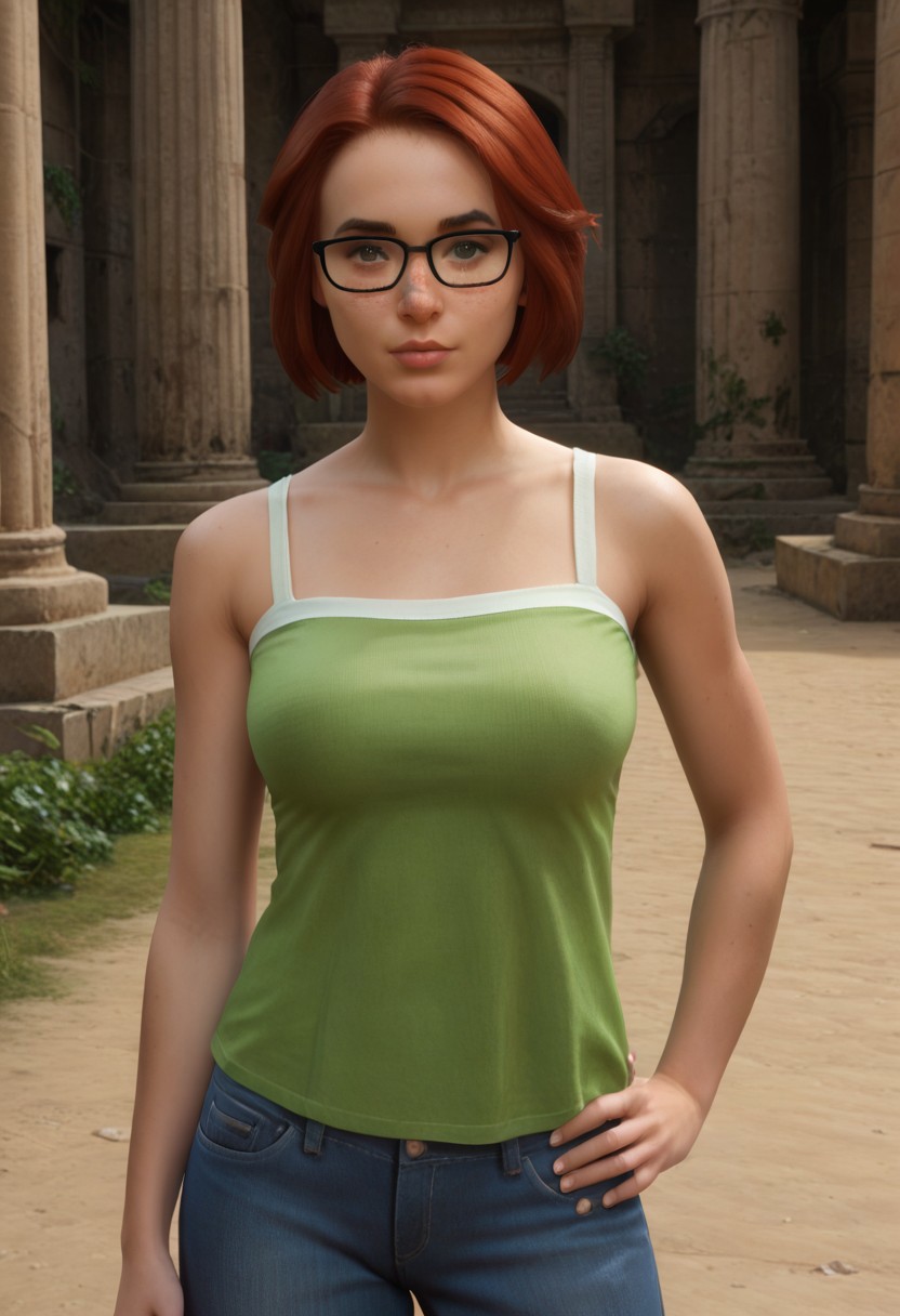 score_9, score_8_up, score_7_up, realistic
standing, hands on hip, UPPER body, cowboy shot, temple, indoors, ruins, pillars, close-up shot, face focus, female focus
Sims4ElizaPancakes, 1girl, freckles, short hair, red hair, green eyes, brown eyes, black-framed eyewear, glasses, green shirt, bare shoulders, tank top, blue pants, jeans,