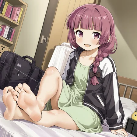 kikuri hiroi, black bow, blunt bangs, braid, purple eyes, fang, hair bow, hair over shoulder, long hair, purple hair, sidelocks, single braid, black jacket, collarbone, dress, green dress, jacket, long sleeves, open clothes, open jacket, raglan sleeves, white sleeves, indoors, bed, bed room, on side, cowboy shot, solo, dutch angle, soles, foot focus, foreshortening