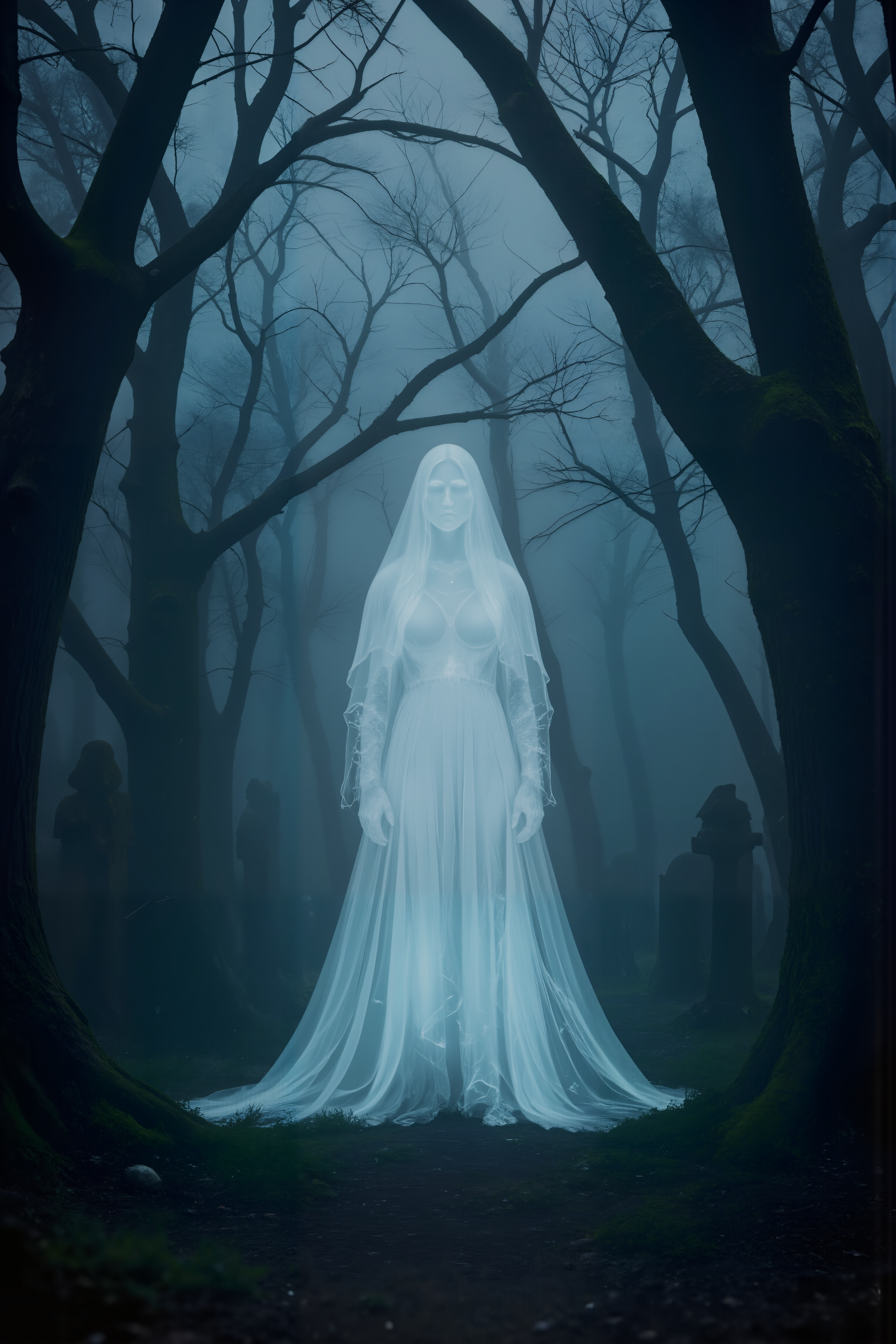 In the heart of a dense, fog-laden forest, a pale, translucent ghost of a young woman hovers just above the ground, her long, flowing hair drifting weightlessly as though caught in a gentle breeze. Her eyes, a faint, icy blue, gaze sorrowfully into the distance as her tattered, white gown glows faintly in the mist. Around her, the twisted branches of the ancient trees reach out like skeletal hands, their bark covered in moss that seems to shimmer in the dim light of the full moon above. The air is thick with silence, broken only by the occasional rustling of unseen creatures and the soft whispers of the wind. Her spectral form seems to flicker in and out of existence, as though caught between two worlds, and the ground beneath her is littered with decaying leaves and twisted roots. Behind her, the outline of an old, forgotten graveyard can be seen, the weathered tombstones barely visible through the thick fog. The moonlight casts long, ethereal shadows across the clearing, adding to the otherworldly atmosphere. The ghostâs presence fills the air with a cold, eerie stillness, as though time itself has slowed in her haunted wake. , detailed background  Fantastic lighting. Detailed shadows.intricate details, vivid colors, hyper-detailed, ultra-sharp <lora:- Flux1 - soothing_atmo_V2.0:0.35><lora:Movie_Portrait:0.45><lora:KB_AgfaCA20_FLUX:0.45><lora:- Flux1 - vanta_black_V2.0:0.3><lora:Dark_Knights_Flux:0.4><lora:Hong Kong action cinema style v1:0.65><lora:FluxFantasyKnightV2Test:0.35><lora:ck-holographic-glitter-000015:0.7>