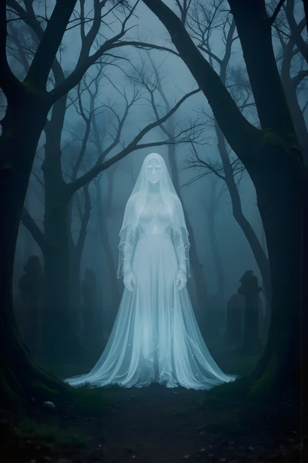 In the heart of a dense, fog-laden forest, a pale, translucent ghost of a young woman hovers just above the ground, her long, flowing hair drifting weightlessly as though caught in a gentle breeze. Her eyes, a faint, icy blue, gaze sorrowfully into the distance as her tattered, white gown glows faintly in the mist. Around her, the twisted branches of the ancient trees reach out like skeletal hands, their bark covered in moss that seems to shimmer in the dim light of the full moon above. The air is thick with silence, broken only by the occasional rustling of unseen creatures and the soft whispers of the wind. Her spectral form seems to flicker in and out of existence, as though caught between two worlds, and the ground beneath her is littered with decaying leaves and twisted roots. Behind her, the outline of an old, forgotten graveyard can be seen, the weathered tombstones barely visible through the thick fog. The moonlight casts long, ethereal shadows across the clearing, adding to the otherworldly atmosphere. The ghostâs presence fills the air with a cold, eerie stillness, as though time itself has slowed in her haunted wake. , detailed background  Fantastic lighting. Detailed shadows.intricate details, vivid colors, hyper-detailed, ultra-sharp <lora:- Flux1 - soothing_atmo_V2.0:0.35><lora:Movie_Portrait:0.45><lora:KB_AgfaCA20_FLUX:0.45><lora:- Flux1 - vanta_black_V2.0:0.3><lora:Dark_Knights_Flux:0.4><lora:Hong Kong action cinema style v1:0.65><lora:FluxFantasyKnightV2Test:0.35><lora:ck-holographic-glitter-000015:0.7>