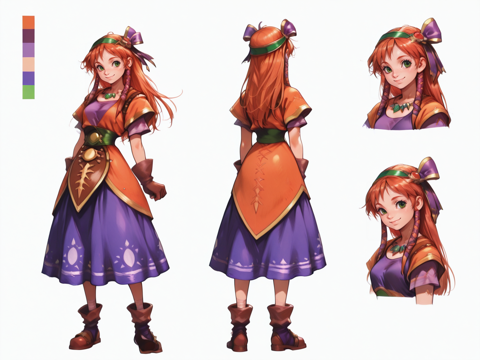 <lora:Leena-CC:0.9> masterpiece, best quality, amazing quality, very aesthetic, absurdres, depth of field, blurry background, extremely detailed face, detailed eyes, (official style:1.2), screencap,
<lora:CharacterDesignIllustrious_Concept:0.8> CharacterDesignIllustrious, reference sheet, simple white background, (color guide:1.2), (multiple views), (full body), dynamic pose, front, back,
l33n4, (Leena from Chrono Cross), 1girl, solo, long hair, red hair, orange hair, green eyes,
hair ribbon, dress, purple shirt,
smile,