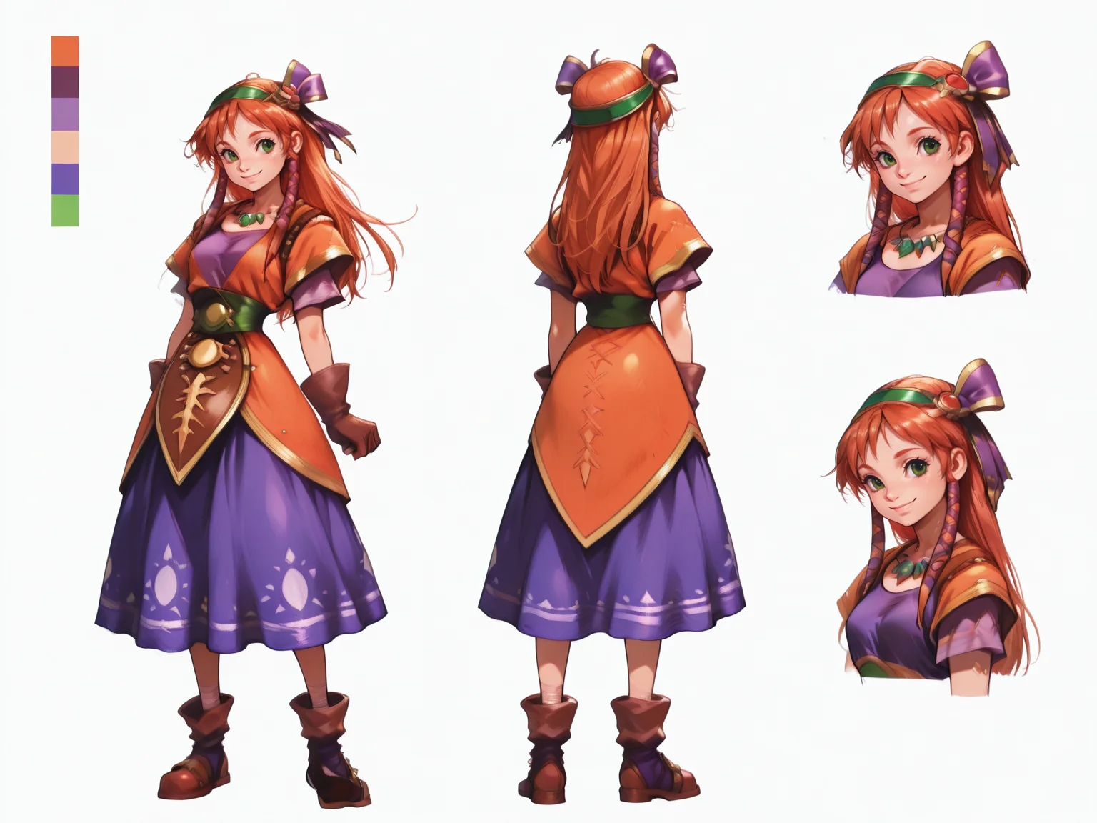 <lora:Leena-CC:0.9> masterpiece, best quality, amazing quality, very aesthetic, absurdres, depth of field, blurry background, extremely detailed face, detailed eyes, (official style:1.2), screencap,
<lora:CharacterDesignIllustrious_Concept:0.8> CharacterDesignIllustrious, reference sheet, simple white background, (color guide:1.2), (multiple views), (full body), dynamic pose, front, back,
l33n4, (Leena from Chrono Cross), 1girl, solo, long hair, red hair, orange hair, green eyes,
hair ribbon, dress, purple shirt,
smile,