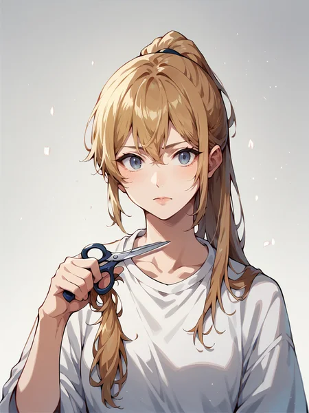 score_9, score_8_up, score_7_up, score_6_up,   <lora:cuth41r2:1> cutting hair, cuth41r, haircut, cut off hair, cutting hair, holding hair, holding scissors, 1girl, long hair, ponytail,