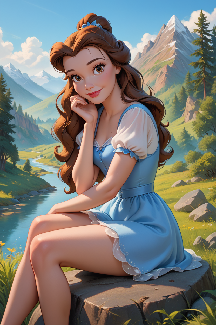 score_9, score_8_up, score_7_up,
<lora:DisneyBelle:0.8>
DisneyBelle, 1girl, brown hair, brown eyes, long hair, looking at viewer, looking at viewer, smiling, sitting, on rock, outside, mountain, grass, trees, blue sky
