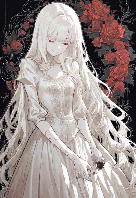 <lora:748cmSDXL:1>, best quality, masterpiece, 748cmstyle, 1girl, white hair, really long hair, red eyes, white eyelashes, pale skin, white outline, small breasts, sad smile, Victorian dress, high waisted, soft colour palette, wrist scars, within garden, picking rose, dramatic angle