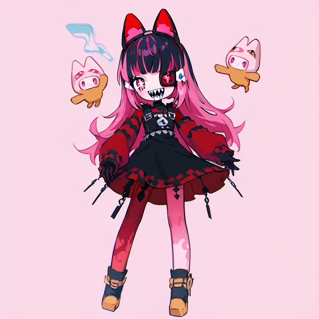 <lora:Berta_Delica:1> black hair, pink hair, multicolored hair, symbol-shaped pupils
<lora:gijinkaseries_mimisentry_ponyXL:0.8> mimi-sentry, sharp teeth, eyepatch, black dress
