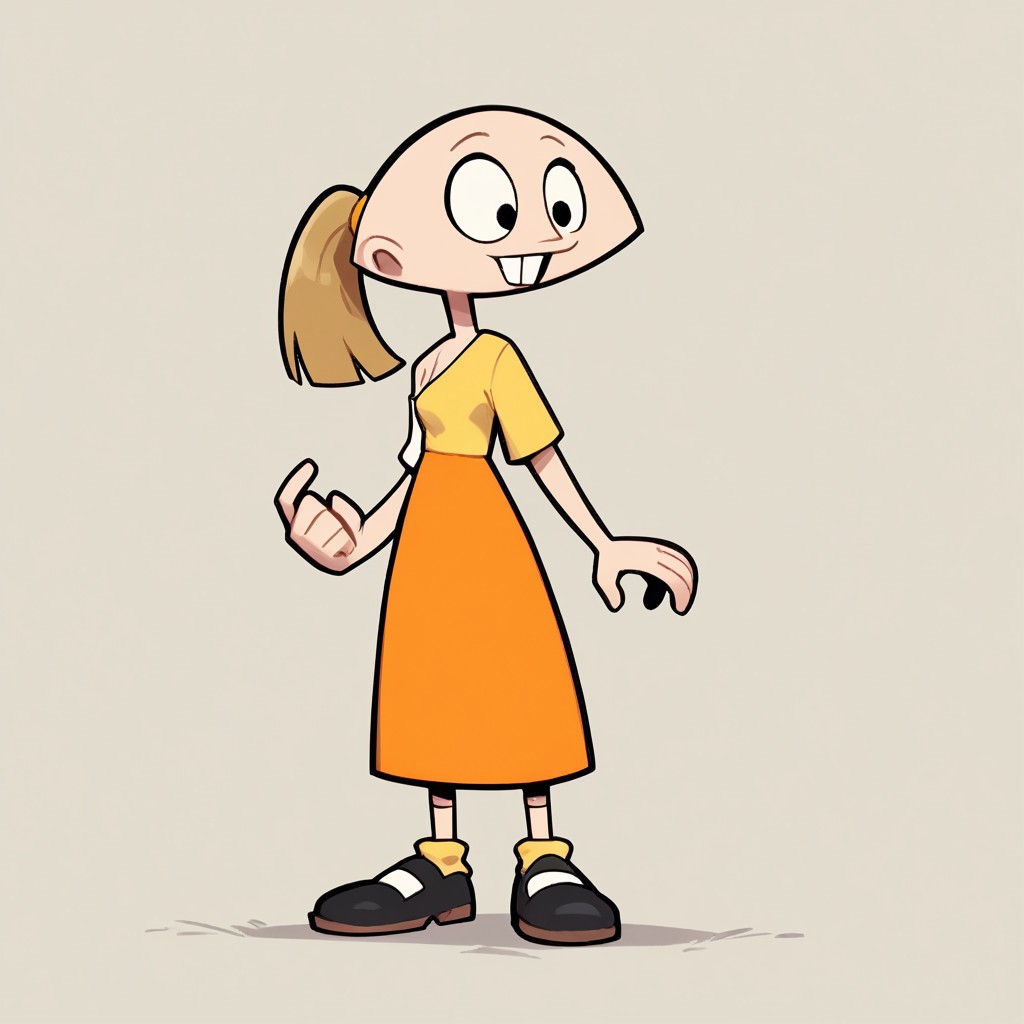 score_9, score_8_up, score_7_up BREAK pegTO, 1girl, bald head, black eyes, yellow hairclip, light brown ponytail, ponytail, buckteeth, bucktooth, no jaw, no lower jaw, half head, jawless, one breast, single breast, yellow longsleeved shirt, orange skirt, yellow socks, white black shoes, full body, human, cartoon, source_cartoon,