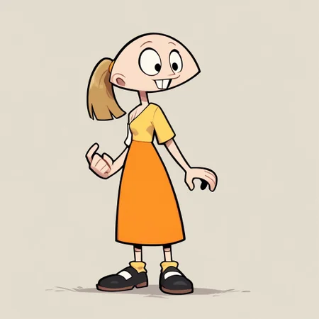 score_9, score_8_up, score_7_up BREAK pegTO, 1girl, bald head, black eyes, yellow hairclip, light brown ponytail, ponytail, buckteeth, bucktooth, no jaw, no lower jaw, half head, jawless, one breast, single breast, yellow longsleeved shirt, orange skirt, yellow socks, white black shoes, full body, human, cartoon, source_cartoon,
