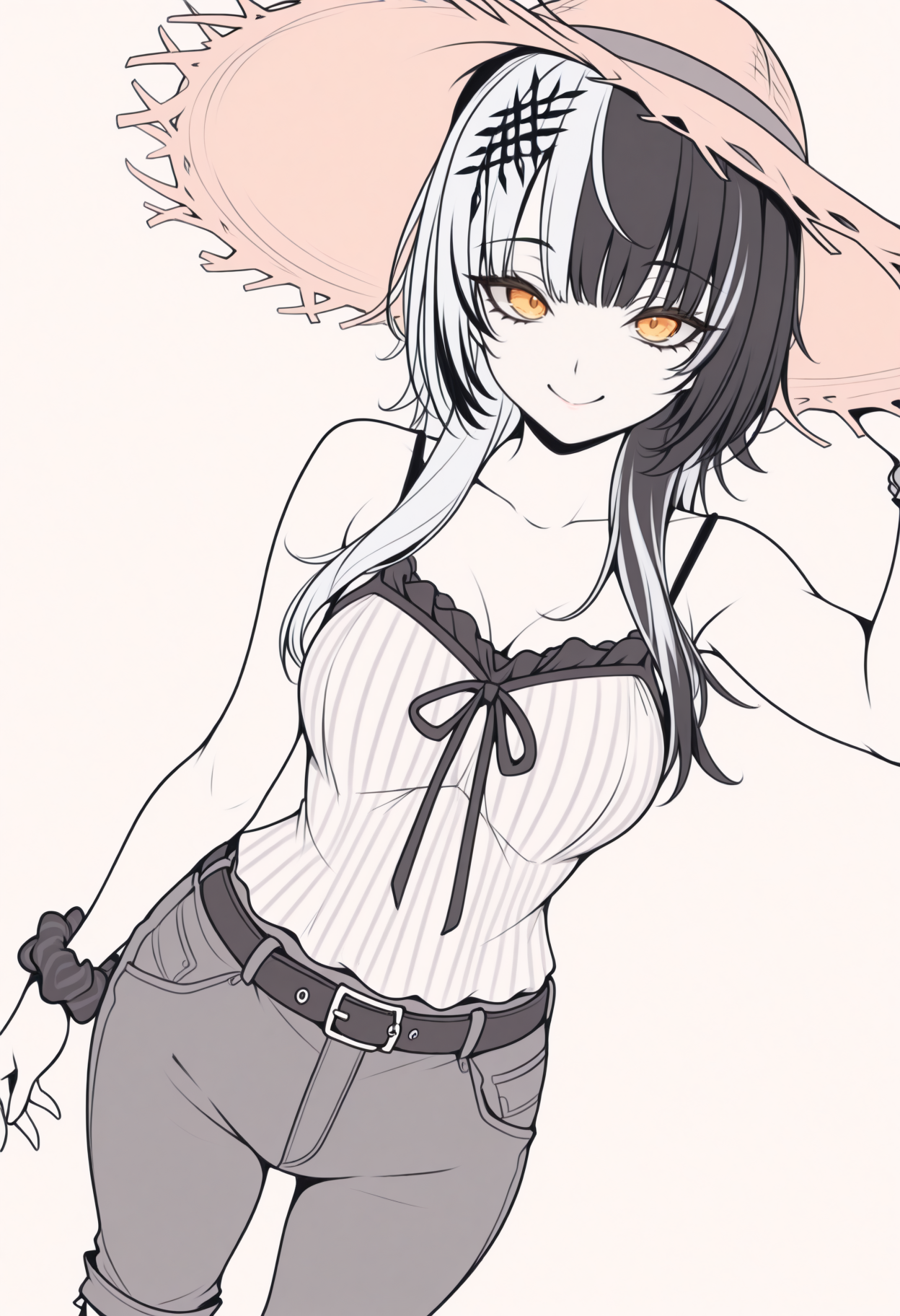masterpiece, best quality, lineart, traditional media, graphite \(medium\), flat color, limited palette, monochrome, spot color, pale color, anime coloring, 1girl, solo, Shi0riN0vella, multicolored hair, white hair, black hair, yellow eyes, single hair ornament, straw hat, camisole, striped camisole, frilled camisole, wrist scrunchie, looking at viewer, capri pants, belt, dutch angle, smile, simple background, <lora:ChamShioriNovellaV2IllustriousXL:1>
