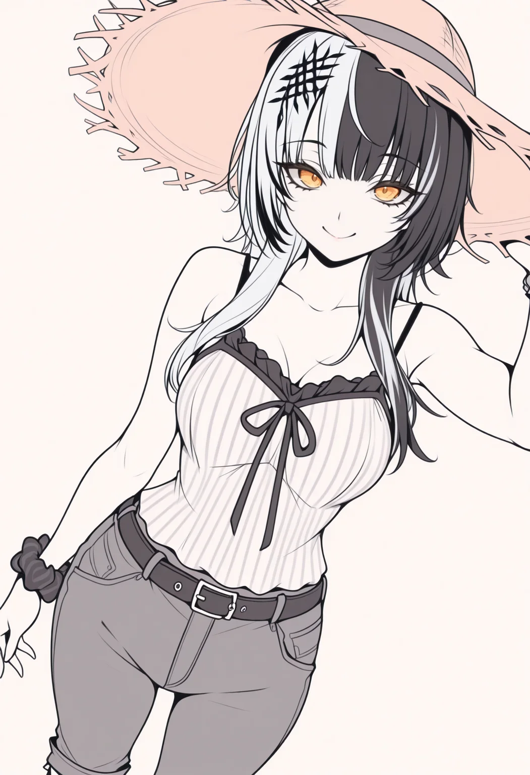 masterpiece, best quality, lineart, traditional media, graphite \(medium\), flat color, limited palette, monochrome, spot color, pale color, anime coloring, 1girl, solo, Shi0riN0vella, multicolored hair, white hair, black hair, yellow eyes, single hair ornament, straw hat, camisole, striped camisole, frilled camisole, wrist scrunchie, looking at viewer, capri pants, belt, dutch angle, smile, simple background, <lora:ChamShioriNovellaV2IllustriousXL:1>