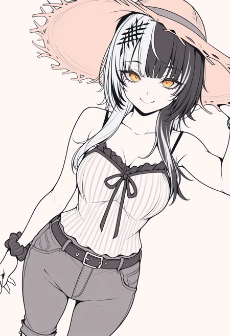 masterpiece, best quality, lineart, traditional media, graphite \(medium\), flat color, limited palette, monochrome, spot color, pale color, anime coloring, 1girl, solo, Shi0riN0vella, multicolored hair, white hair, black hair, yellow eyes, single hair ornament, straw hat, camisole, striped camisole, frilled camisole, wrist scrunchie, looking at viewer, capri pants, belt, dutch angle, smile, simple background, <lora:ChamShioriNovellaV2IllustriousXL:1>
