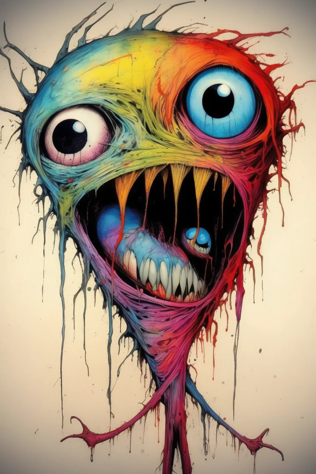 <lora:Alex Pardee Style:1>Alex Pardee Style - two big squinting eyes turned outward in a creatures face style alex pardee