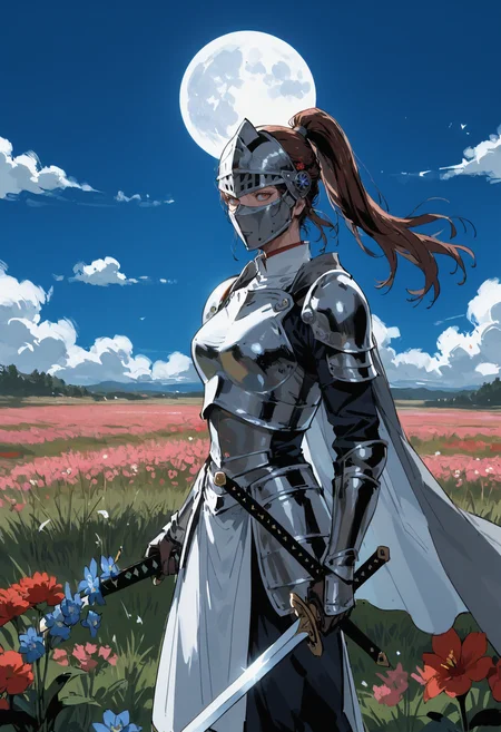 score_9, score_8_up, score_7_up, score_6_up, score_5_up, score_4_up,
 <lora:ValoraV2:0.8> v4l0r4,
1girl, solo, long hair, brown hair, holding, standing, ponytail, flower, weapon, outdoors, cowboy shot, sky, cloud, sword, holding weapon, cape, armor, blue sky, floating hair, night, holding sword, moon, grass, cloudy sky, helmet, red flower, shoulder armor, 1other, facing viewer, night sky, gauntlets, pink flower, blue flower, pauldrons, breastplate, white cape, field, crescent moon, faulds, flower field, knight, full armor, ambiguous gender, helm, plate armor, grey cape