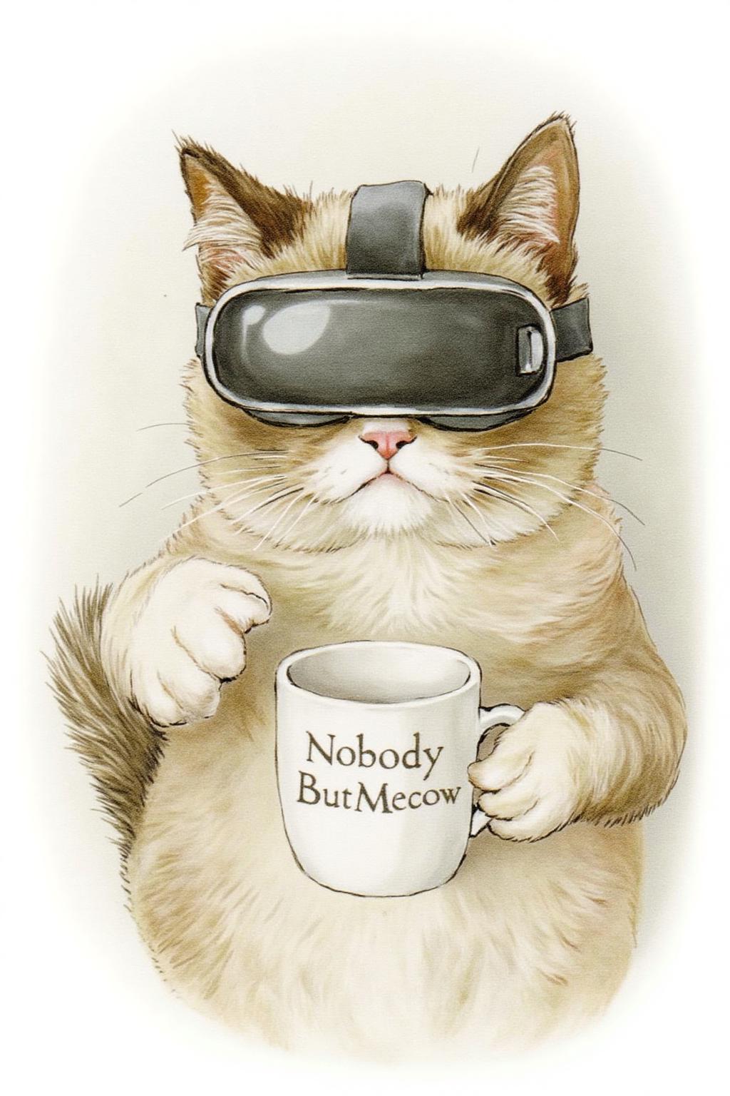 beatrixpotter1 illustration.
Grumpy Cat wearing a VR Headset.  holding a coffee mug, The mug has the phrase "NobodyButMeow" printed  <lora:beatrixpotter1_d8a4:1.0><lora:867024714378293236:0>