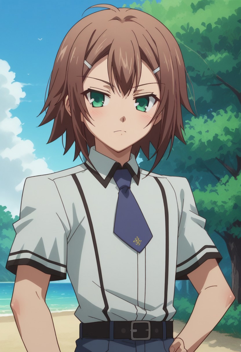 score_9, score_8_up, score_7_up, source_anime, highly detailed, 
kinoshita, 1boy, solo, male focus, brown hair, green eyes, hair ornament, hairclip,
school uniform, shirt, white shirt, short sleeves, necktie, blue necktie, hand on hip, upper body,
outdoor, sky, tree